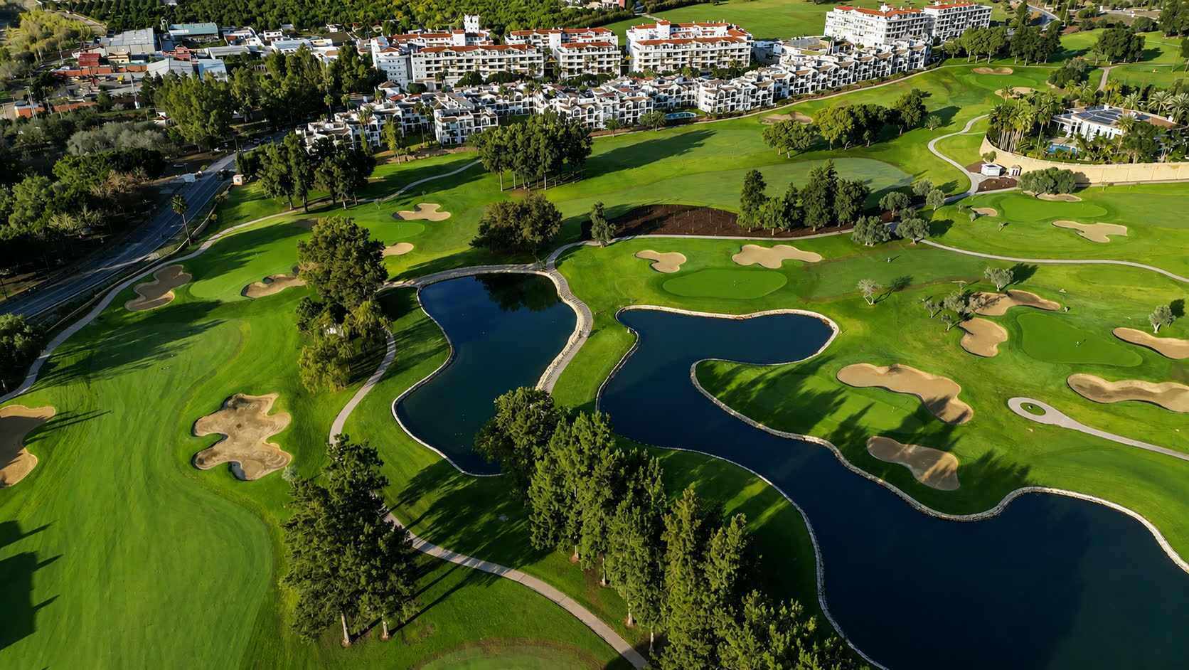 Resort golf course with lakes and palm avenues